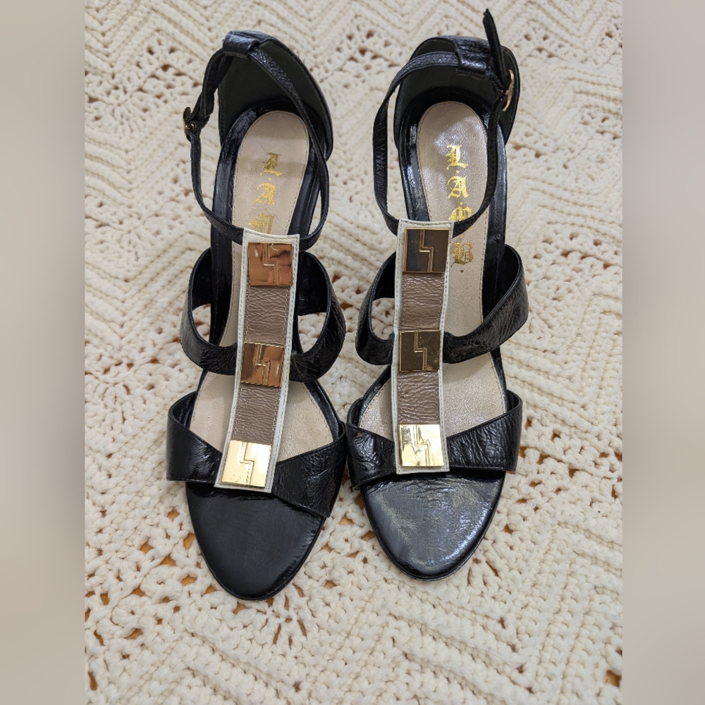 LAMB Gwen Stefani Luxury Designer Metal Logo Patent Leather Heels